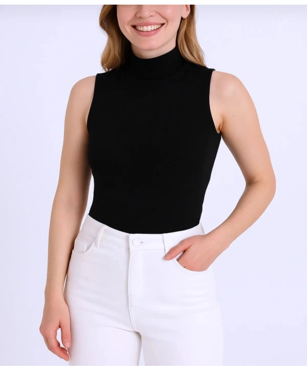 Boğazlı Yaka Kolsuz Badi - Siyah