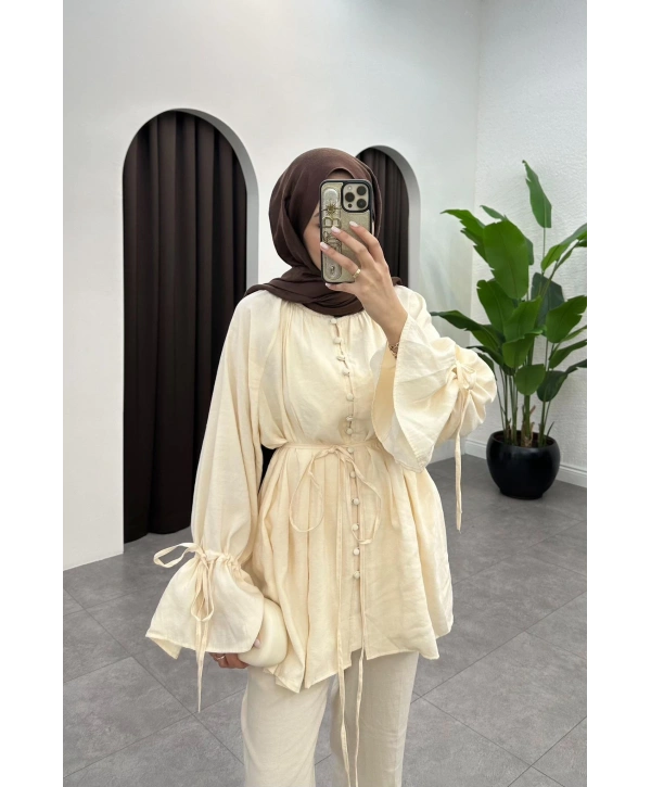 Brit Düğmeli Kuşaklı İkili Takım - Bej