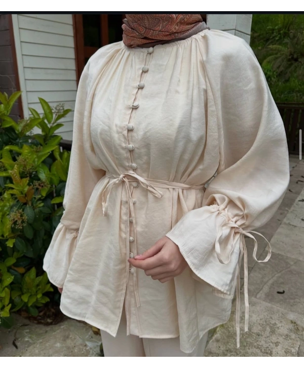 Brit Düğmeli Kuşaklı İkili Takım - Bej