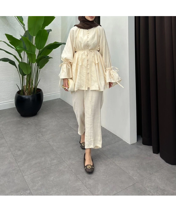 Brit Düğmeli Kuşaklı İkili Takım - Bej