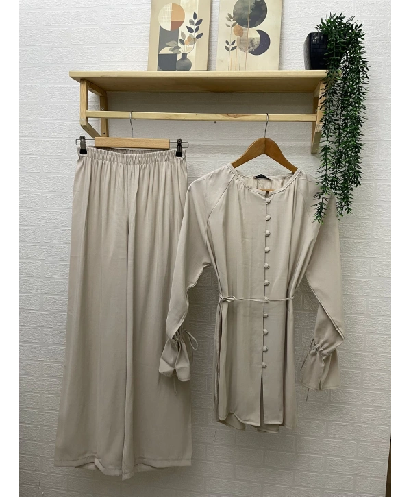 Brit Düğmeli Kuşaklı İkili Takım - Bej