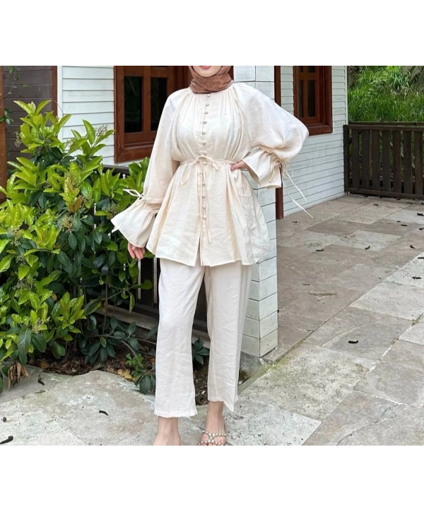 Brit Düğmeli Kuşaklı İkili Takım - Bej