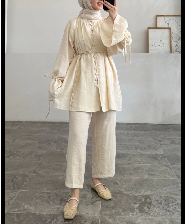 Brit Düğmeli Kuşaklı İkili Takım - Bej