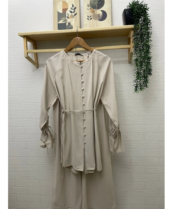 Brit Düğmeli Kuşaklı İkili Takım - Bej