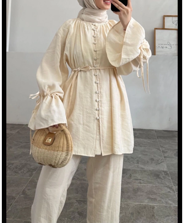 Brit Düğmeli Kuşaklı İkili Takım - Bej