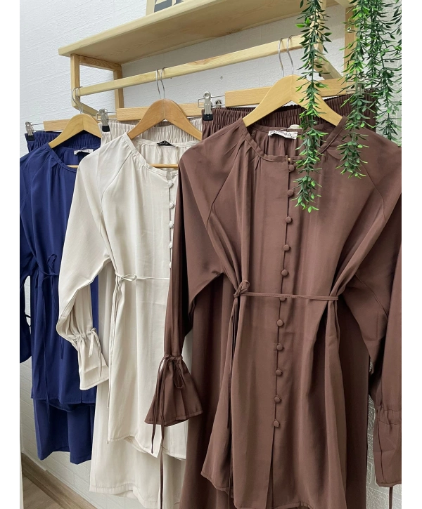 Brit Düğmeli Kuşaklı İkili Takım - Kahverengi