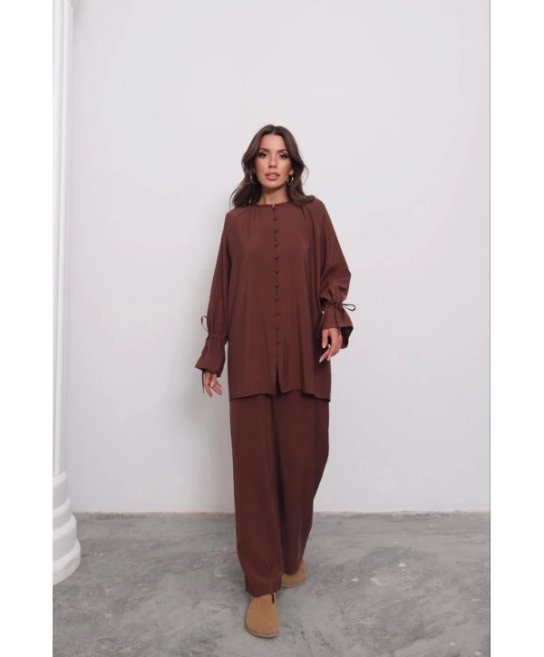 Brit Düğmeli Kuşaklı İkili Takım - Kahverengi