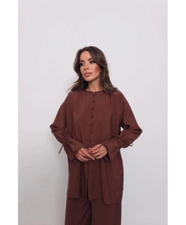 Brit Düğmeli Kuşaklı İkili Takım - Kahverengi