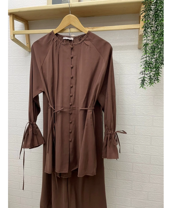 Brit Düğmeli Kuşaklı İkili Takım - Kahverengi