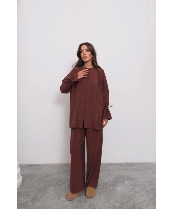 Brit Düğmeli Kuşaklı İkili Takım - Kahverengi