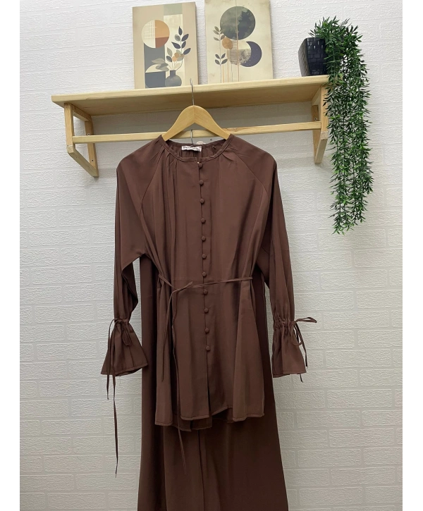 Brit Düğmeli Kuşaklı İkili Takım - Kahverengi