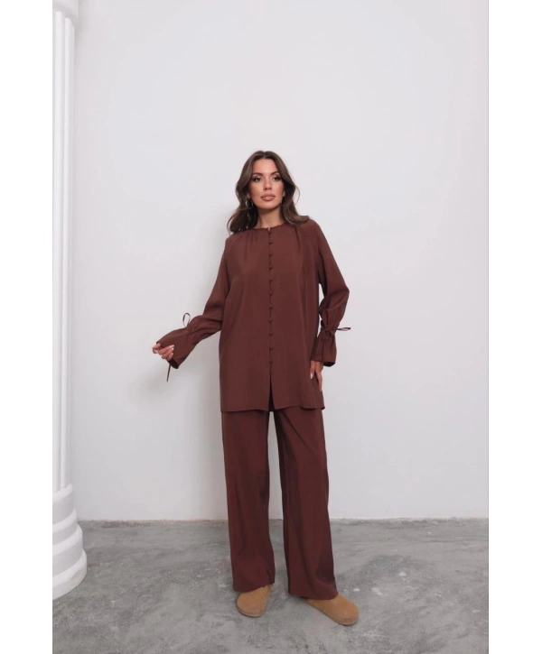 Brit Düğmeli Kuşaklı İkili Takım - Kahverengi