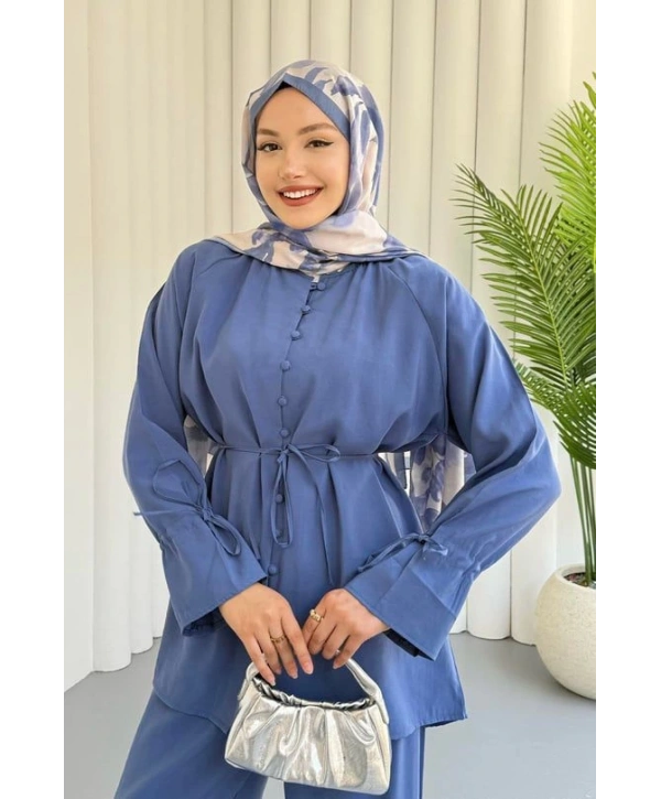 Brit Düğmeli Kuşaklı İkili Takım - Lacivert