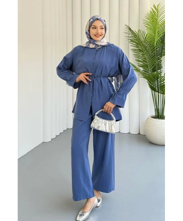 Brit Düğmeli Kuşaklı İkili Takım - Lacivert