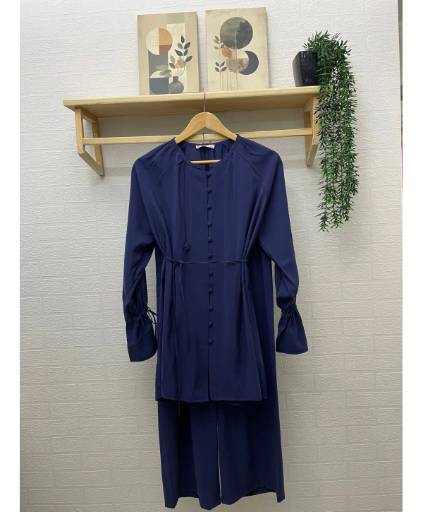 Brit Düğmeli Kuşaklı İkili Takım - Lacivert