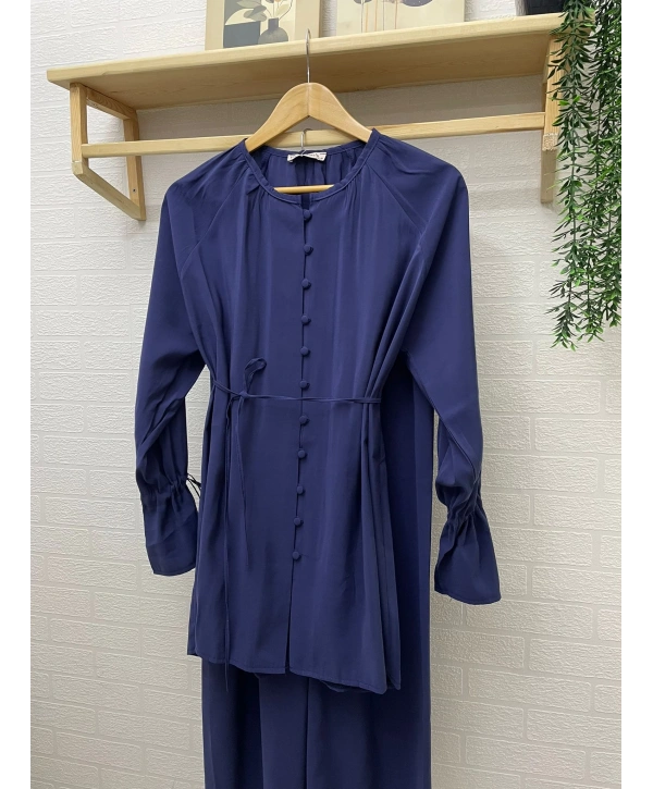 Brit Düğmeli Kuşaklı İkili Takım - Lacivert