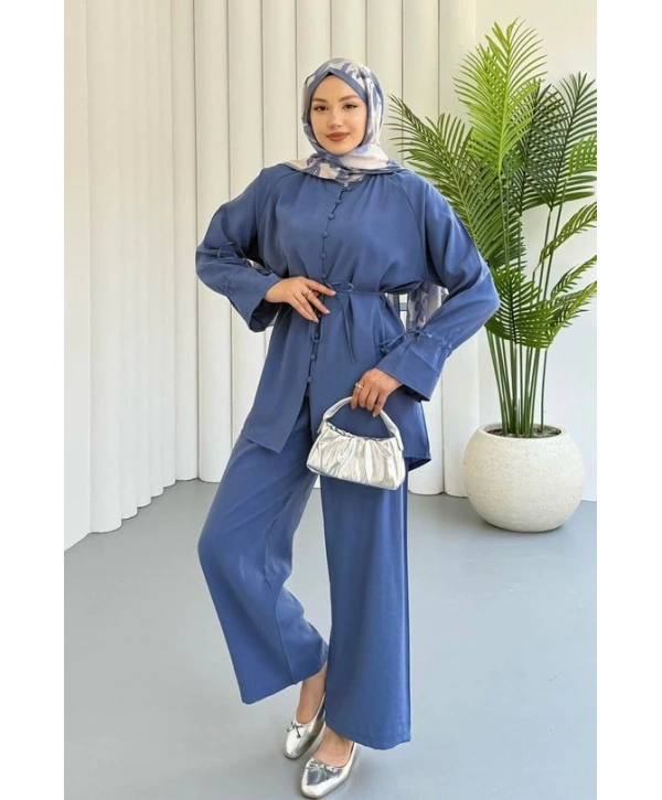 Brit Düğmeli Kuşaklı İkili Takım - Lacivert