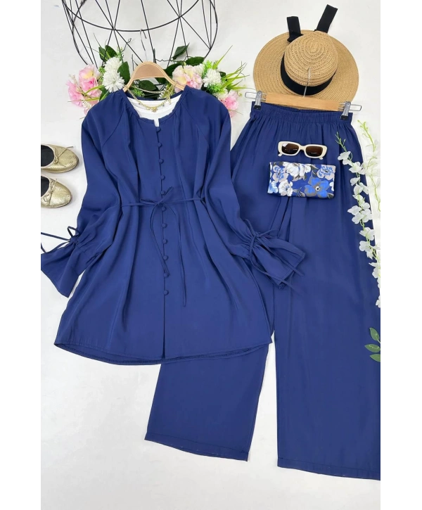 Brit Düğmeli Kuşaklı İkili Takım - Lacivert