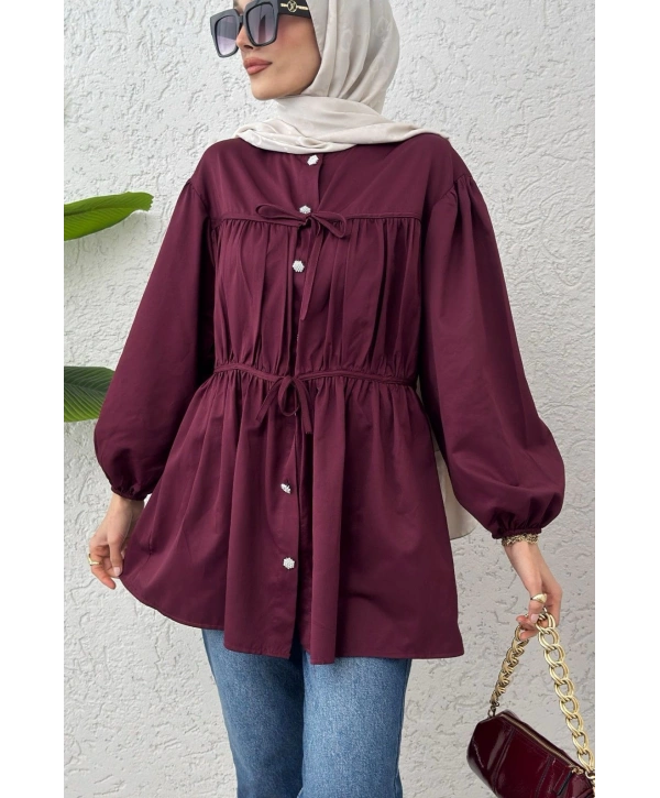 Büzgülü Bağcıklı Tunik - Bordo