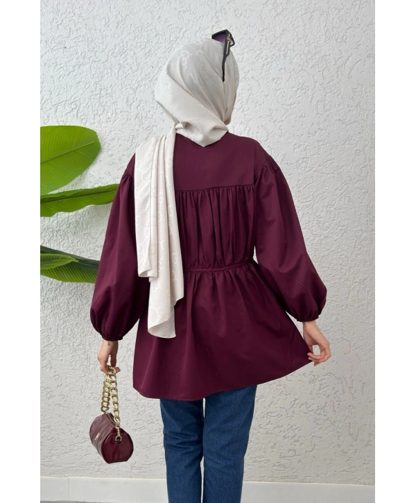 Büzgülü Bağcıklı Tunik - Bordo