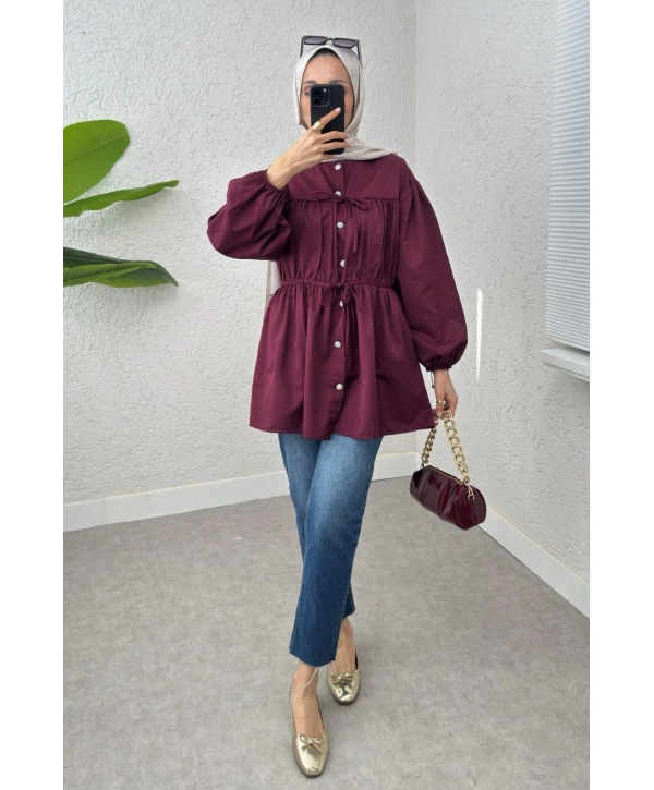 Büzgülü Bağcıklı Tunik - Bordo