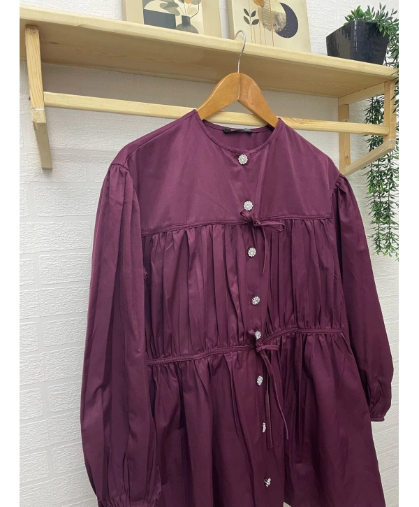 Büzgülü Bağcıklı Tunik - Bordo