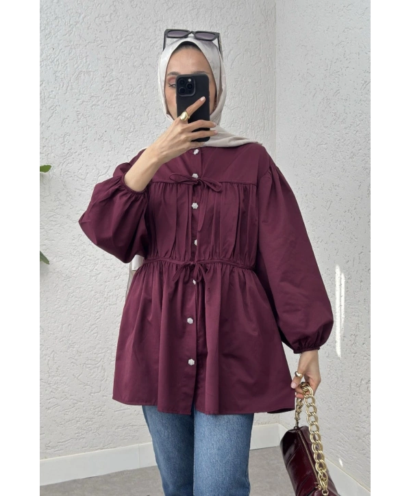 Büzgülü Bağcıklı Tunik - Bordo