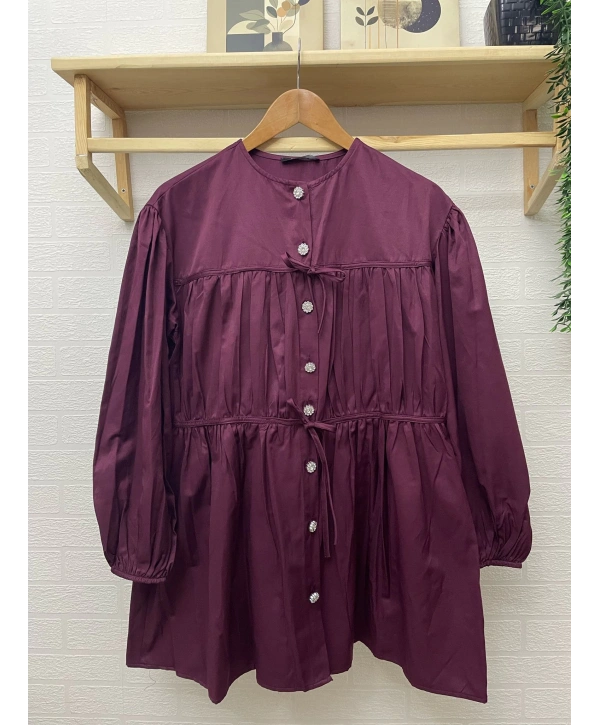Büzgülü Bağcıklı Tunik - Bordo