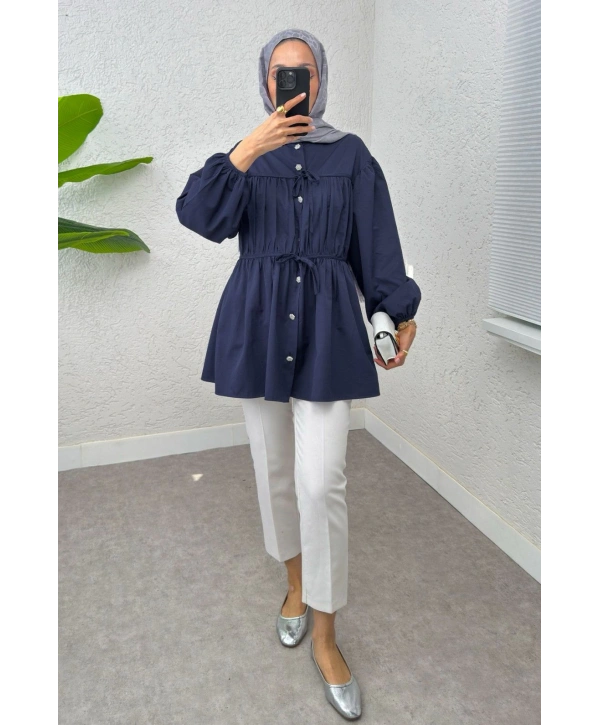 Büzgülü Bağcıklı Tunik - Lacivert