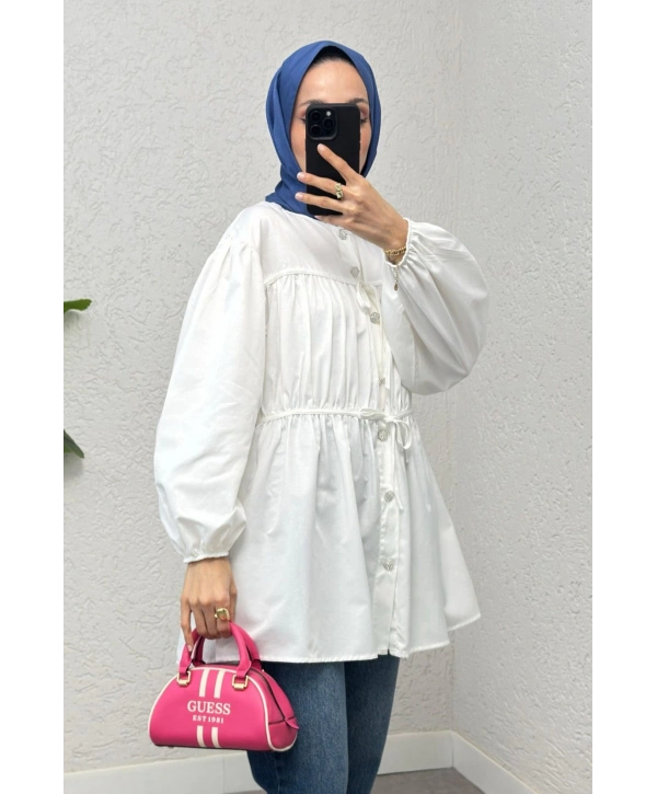 Büzgülü Bağcıklı Tunik - BEYAZ