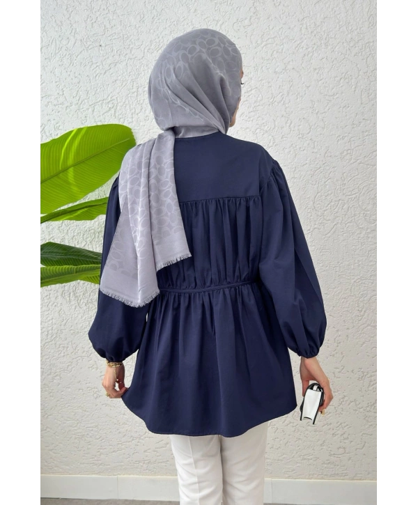 Büzgülü Bağcıklı Tunik - Lacivert