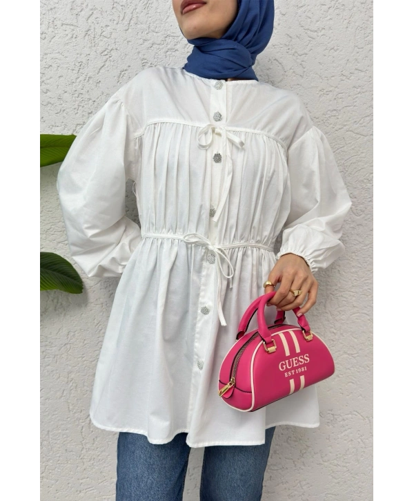 Büzgülü Bağcıklı Tunik - BEYAZ