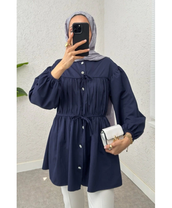 Büzgülü Bağcıklı Tunik - Lacivert