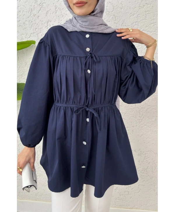 Büzgülü Bağcıklı Tunik - Lacivert
