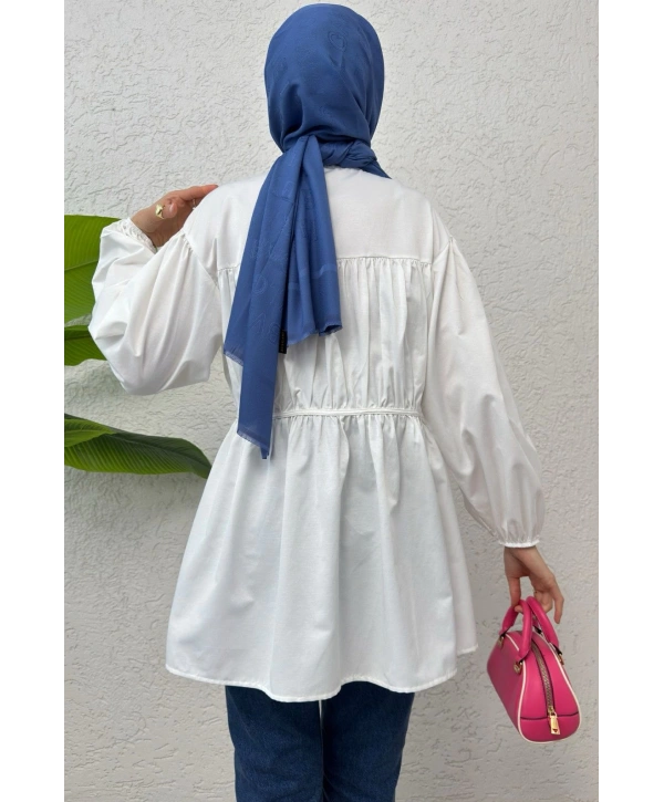 Büzgülü Bağcıklı Tunik - BEYAZ