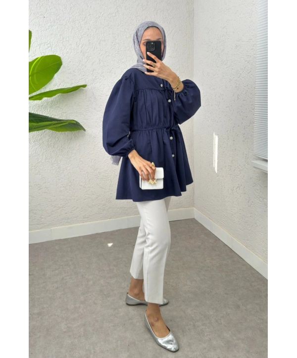 Büzgülü Bağcıklı Tunik - Lacivert