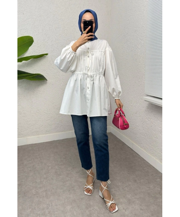 Büzgülü Bağcıklı Tunik - BEYAZ