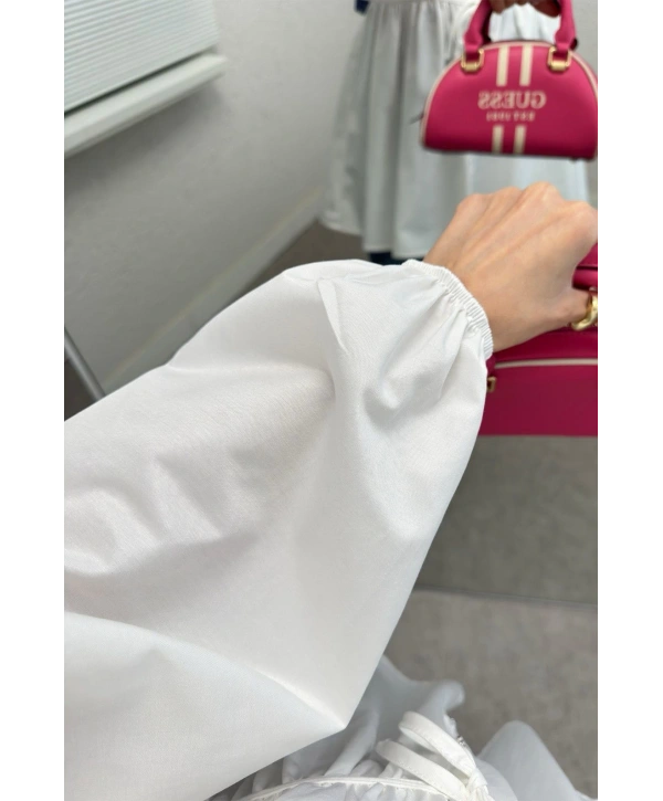 Büzgülü Bağcıklı Tunik - BEYAZ