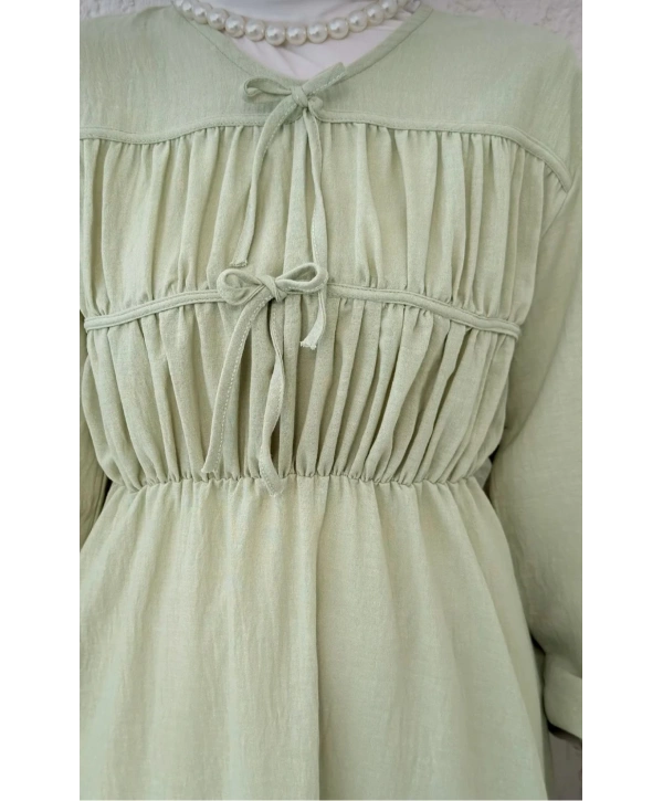 Büzgülü Bağcıklı Yazlık Elbise