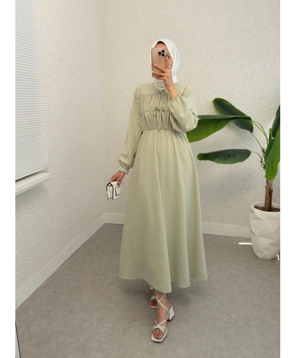 Büzgülü Bağcıklı Yazlık Elbise