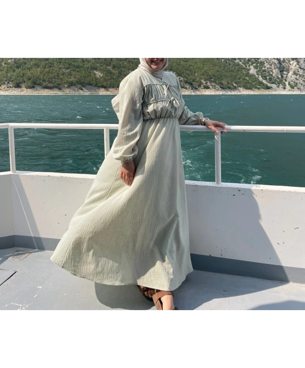 Büzgülü Bağcıklı Yazlık Elbise