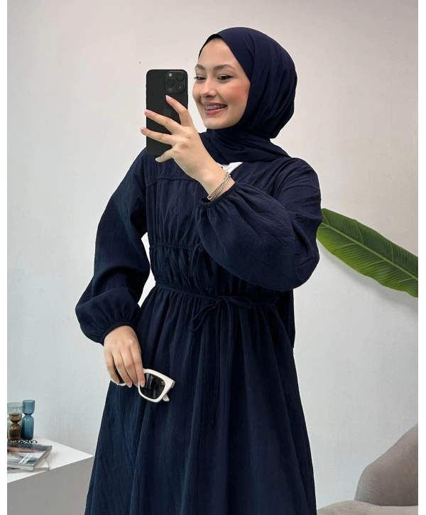 Büzgülü Bağcıklı Yazlık Elbise