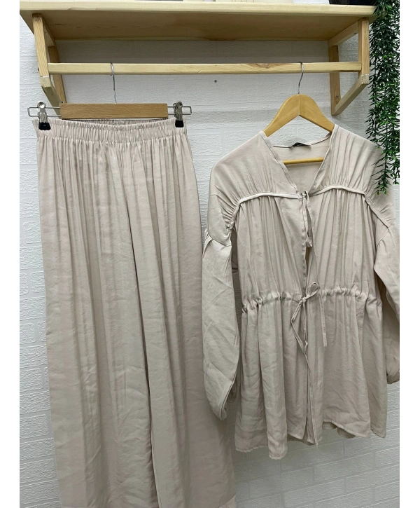 Büzgülü Pantolonlu Takım - Bej