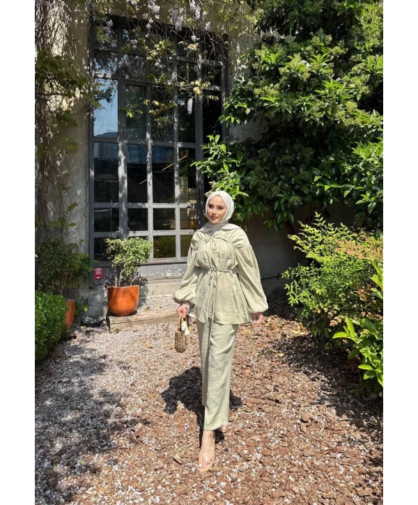 Büzgülü Pantolonlu Takım - Yeşil