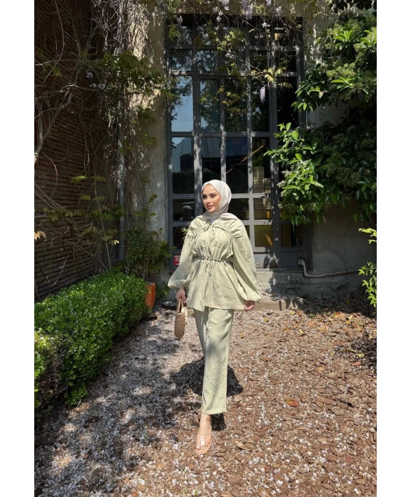 Büzgülü Pantolonlu Takım - Yeşil