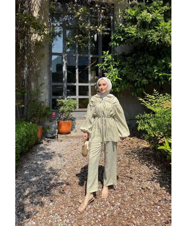 Büzgülü Pantolonlu Takım - Yeşil