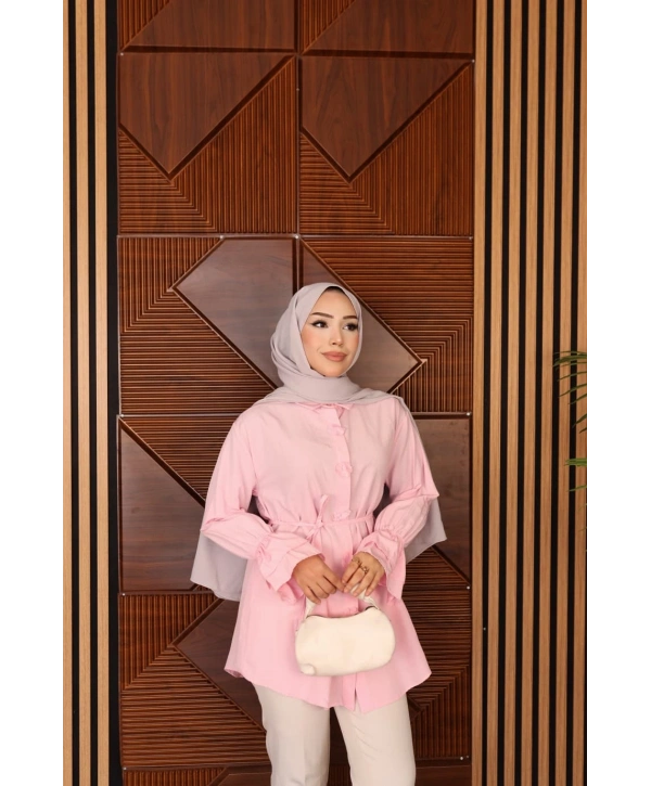 Çiçek Detaylı Biye Kemerli Gömlek - Pembe
