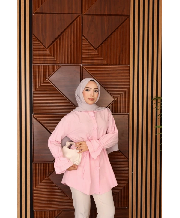 Çiçek Detaylı Biye Kemerli Gömlek - Pembe