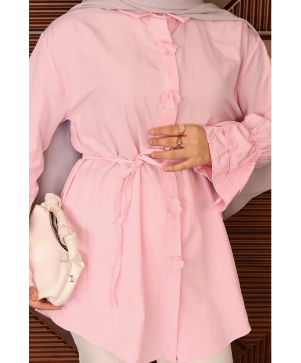 Çiçek Detaylı Biye Kemerli Gömlek - Pembe