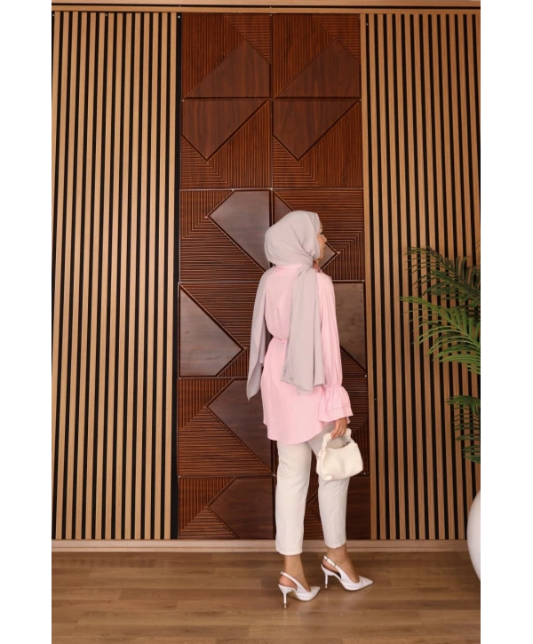 Çiçek Detaylı Biye Kemerli Gömlek - Pembe